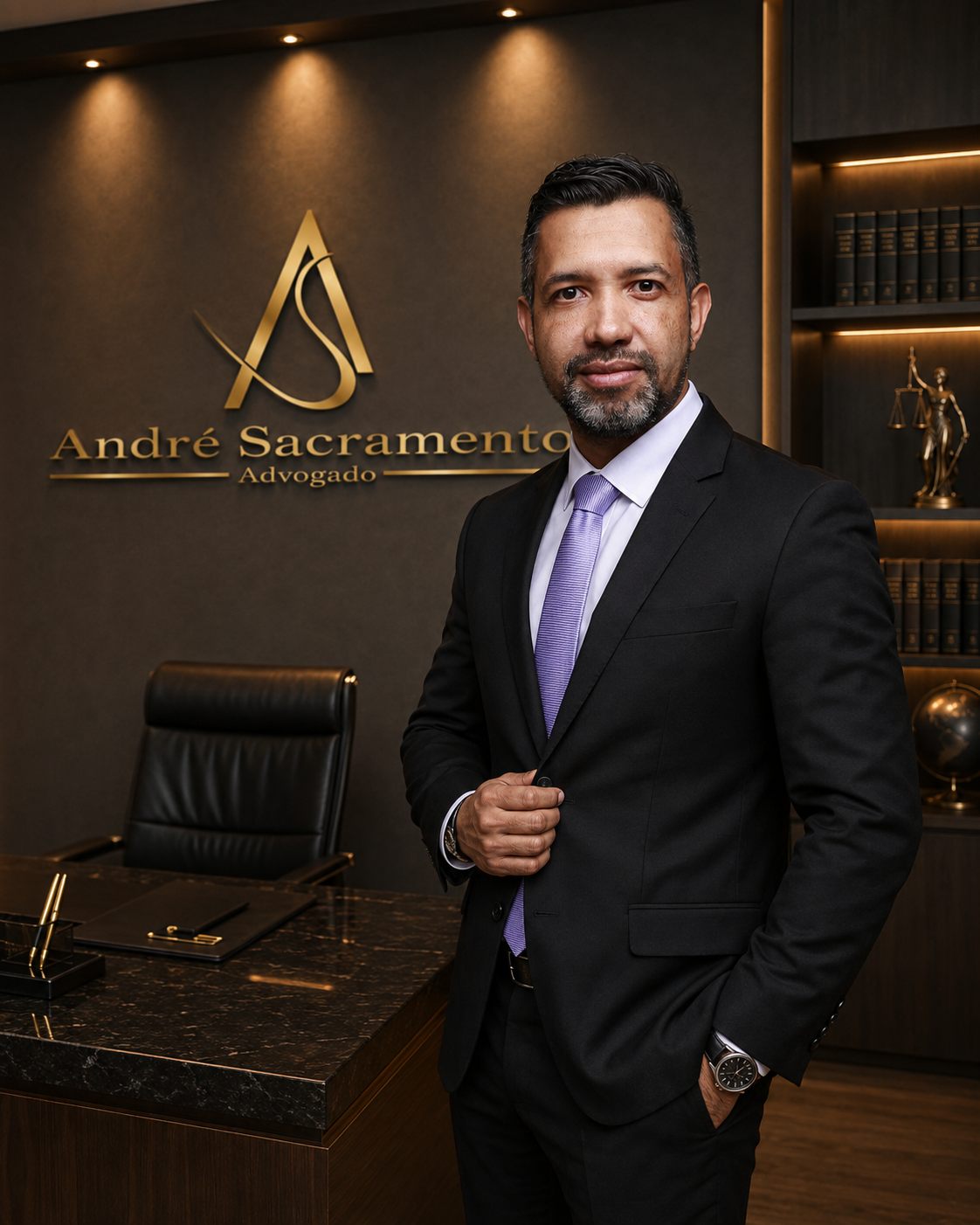 Dr. André Sacramento, advogado, em seu escritório