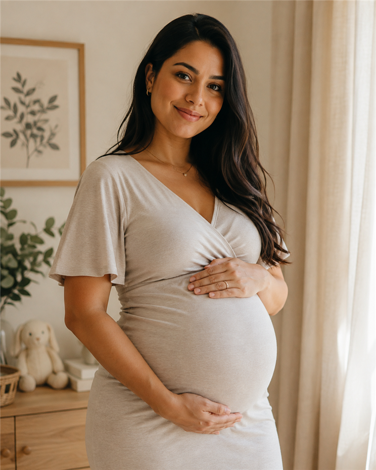 Gestante sorridente com as mãos na barriga, em ambiente aconchegante
